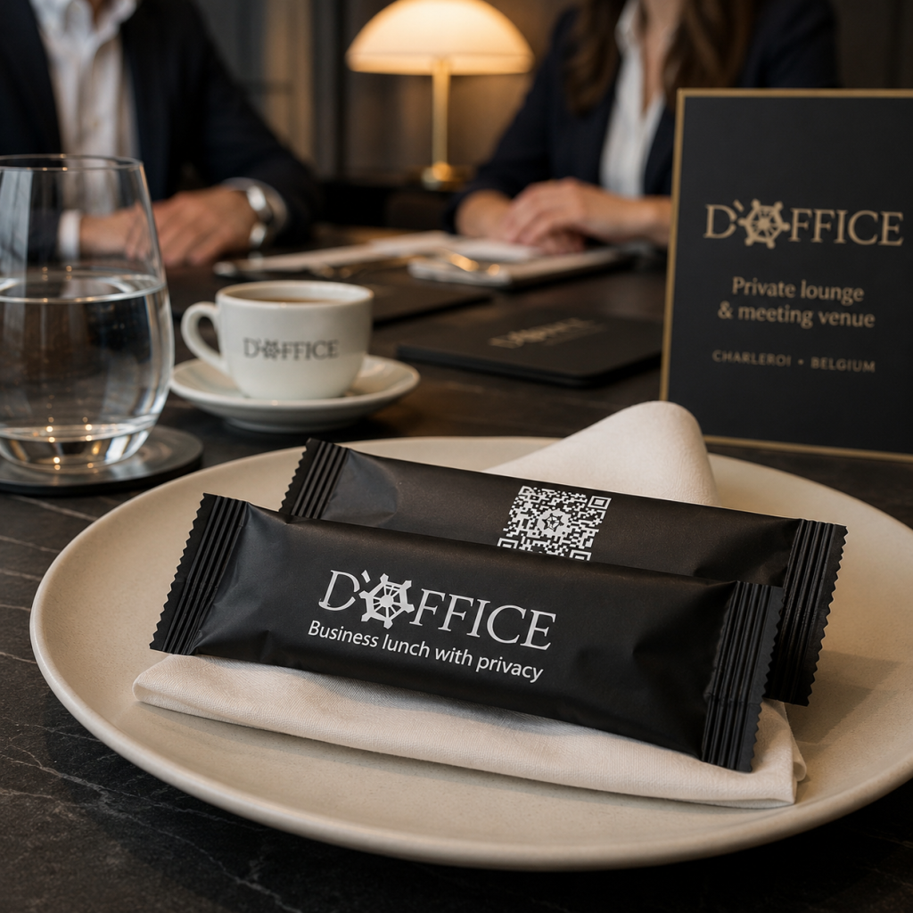 D'office Charleroi – Modern Executive Hospitality & Digital Engagement d'office branded wet wipes