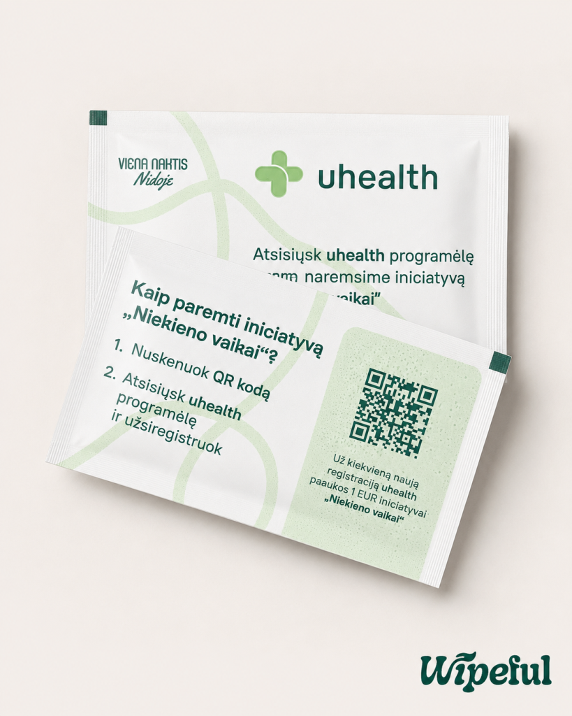 How Branded Wet Wipes Turned Event Hygiene into App Registrations at Viena Naktis Nidoje Front and back of a 7 x 12 cm uhealth branded wet wipe with QR codes for app registration and a EUR 1 donation message.